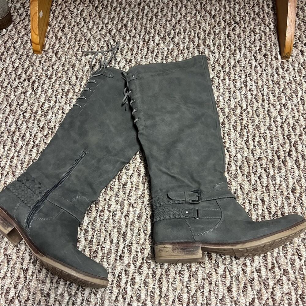 XOXO Tall Gray Boots w/ Partial Lace Up Back Women's Size 9.5 Faux Leather